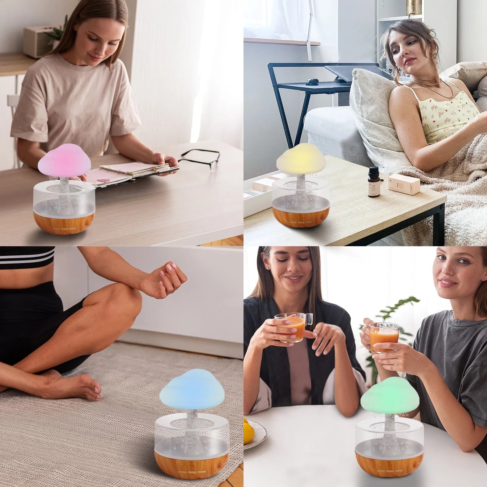 White raining cloud shaped humidifier with flowing water display and colourful LED lights