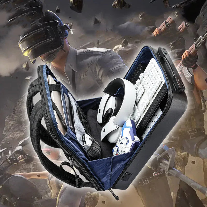 Hard shell PC gaming backpack in titanium gold or black with laptop compartment and shoulder straps