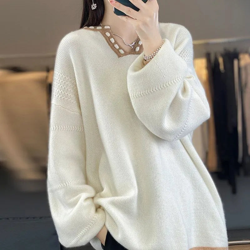 Women's camel and white V-neck viscose sweater with long sleeves showing pullover design