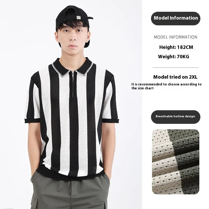 Men's short sleeve striped summer sweater in ice silk viscose fabric with zipper decoration