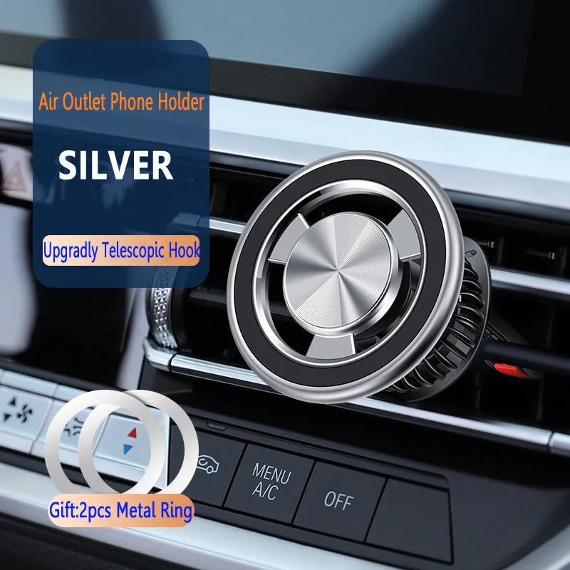 Air vent magnetic phone holder with snap-on bracket in black or silver colour options