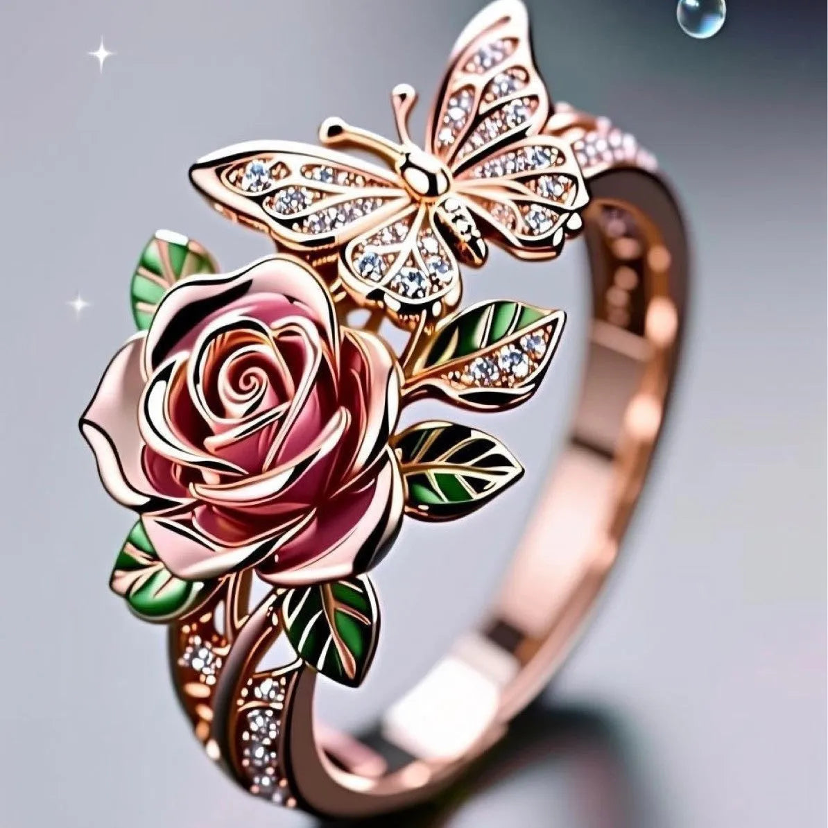 Adjustable butterfly and floral ring with dripping oil colour finish on alloy metal