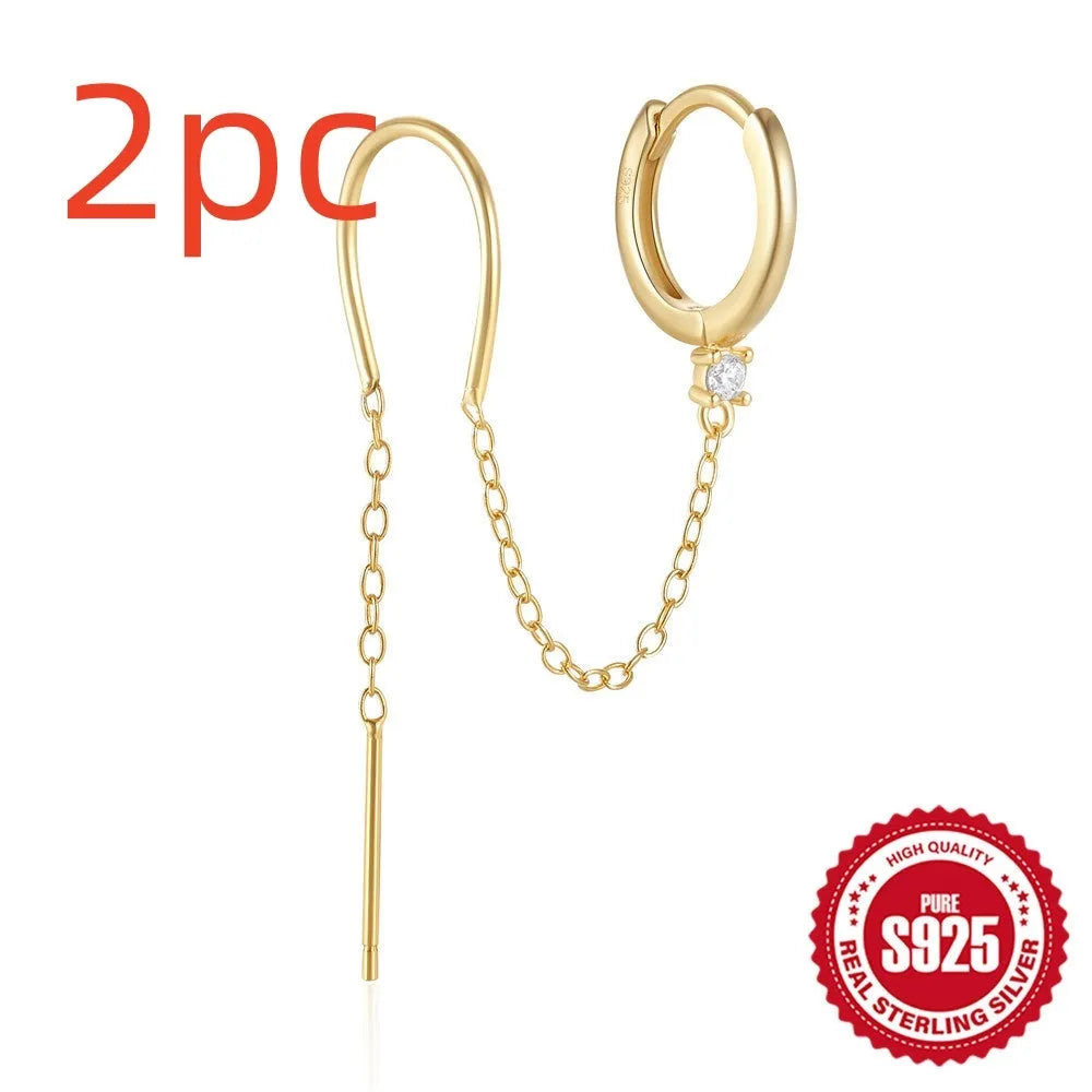 S925 sterling silver flower tassel chain ear studs with geometric shape and gold electroplated finish
