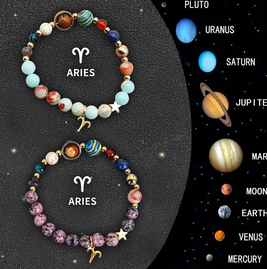 Two natural stone beaded bracelets showing zodiac symbols on an adjustable knotted string.