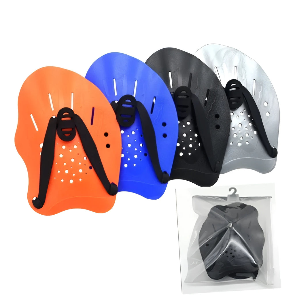 Swimming paddle training aid for freestyle stroke with webbed arm design in multiple colours