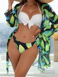 Women's three-piece polyester bikini swimsuit set with mesh detail in a conservative cut