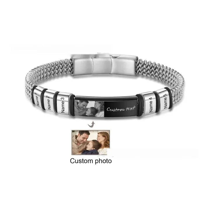Men's titanium steel and leather rope bracelet with heart shape and bead lettering options in a gift box.