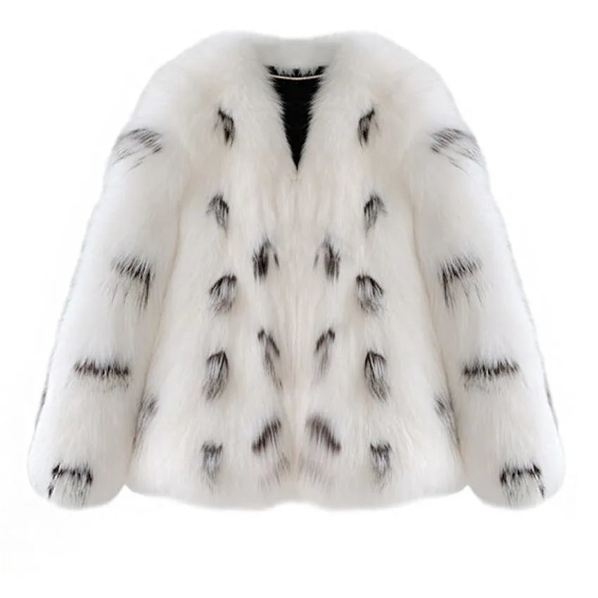 Black and white faux fur plus size coat for women with short length and regular sleeves.