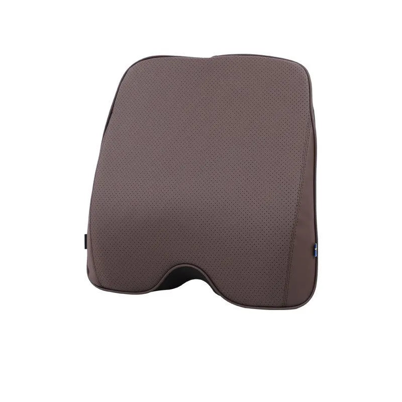 Car headrest cushion, lumbar support, and neck pillow set in brown colour on car seat
