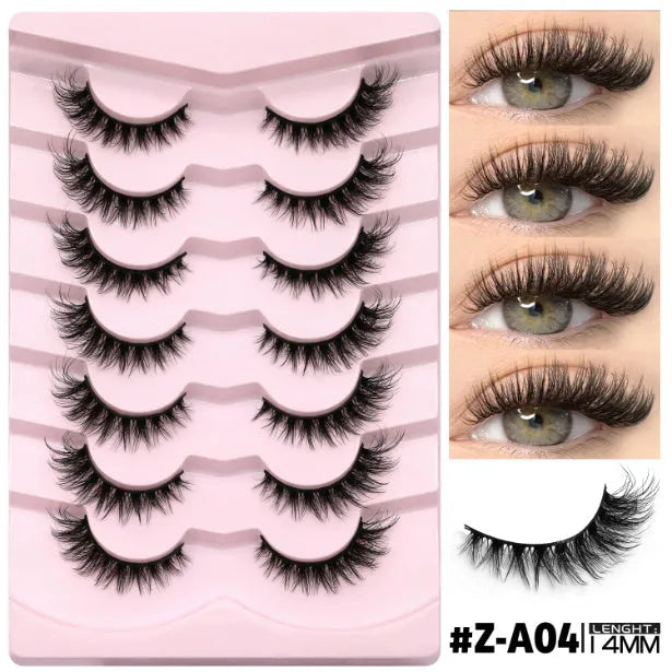 Natural false eyelashes in box with adhesive glue, artificial fibre construction in thick natural long style