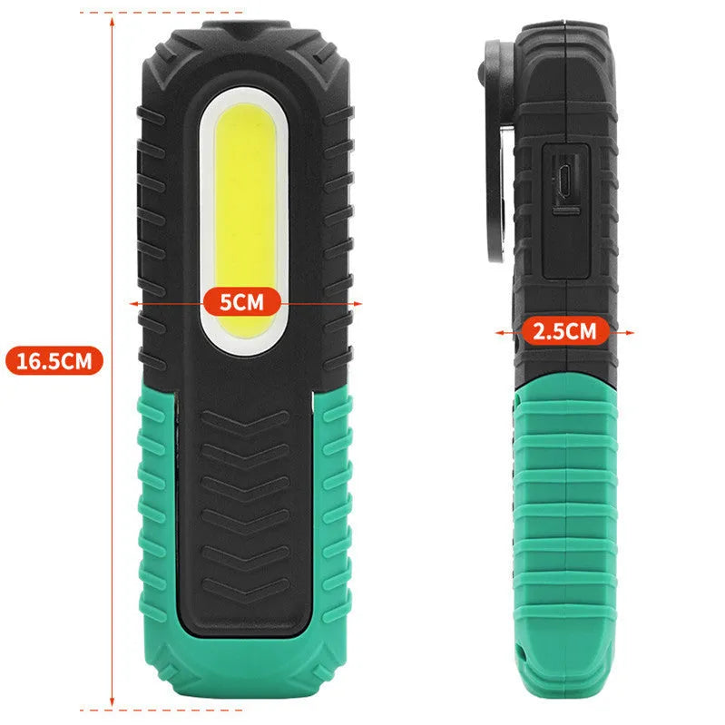 Black and green USB rechargeable auto repair work light with compact dimensions