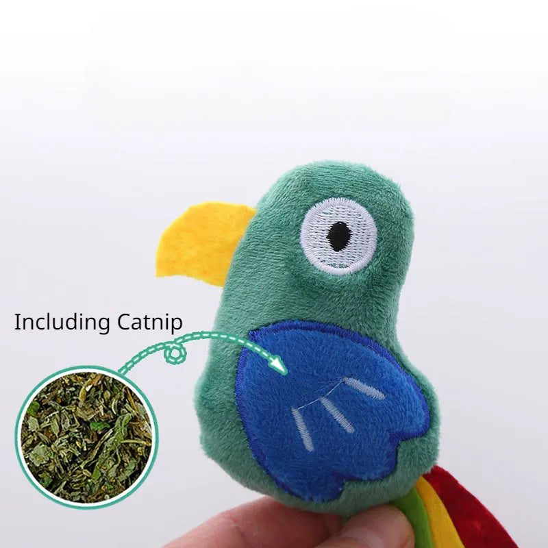 Parrot-shaped soft plush cat toy with catnip filling for bite-resistant interactive play