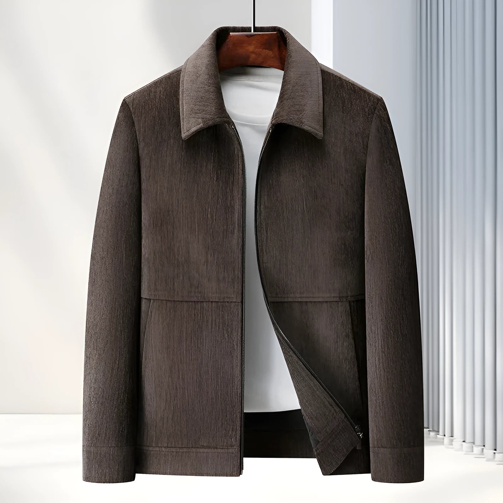 Men's slim fit casual jacket in Vinylon fabric with lapel collar, shown in dark blue colour.