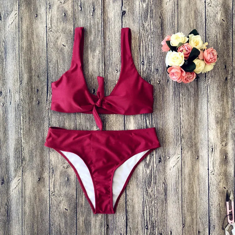 Pure colour bikini set in European and American style with sleeveless design