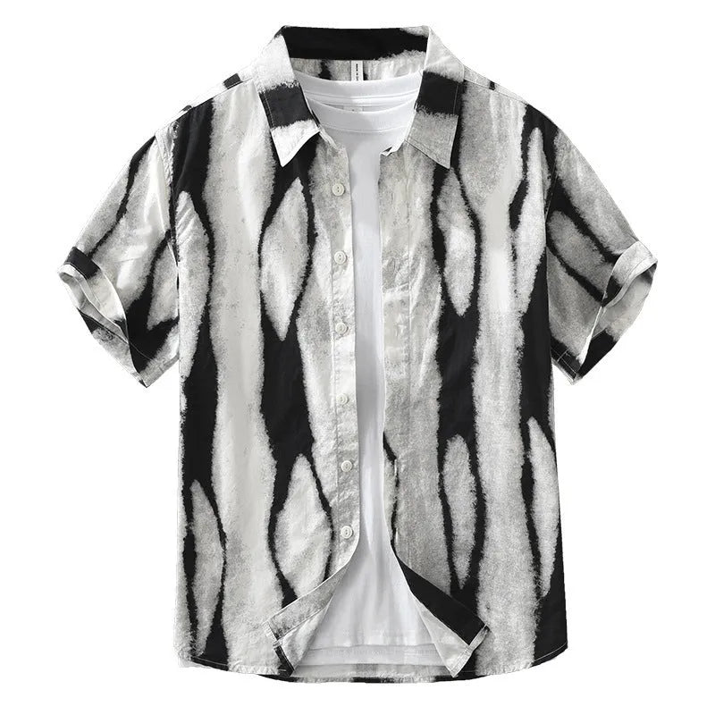 Retro striped pure cotton short sleeve shirt in loose cardigan style shown in black colour