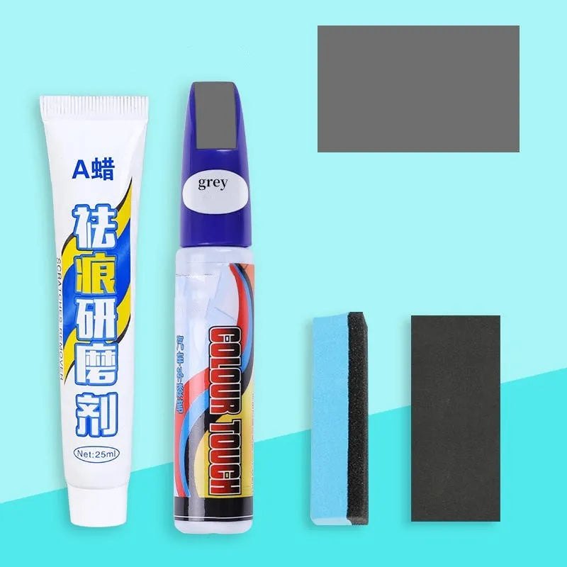 Automotive scratch repair kit with paint pen, wax pen, sponge, and sandpaper