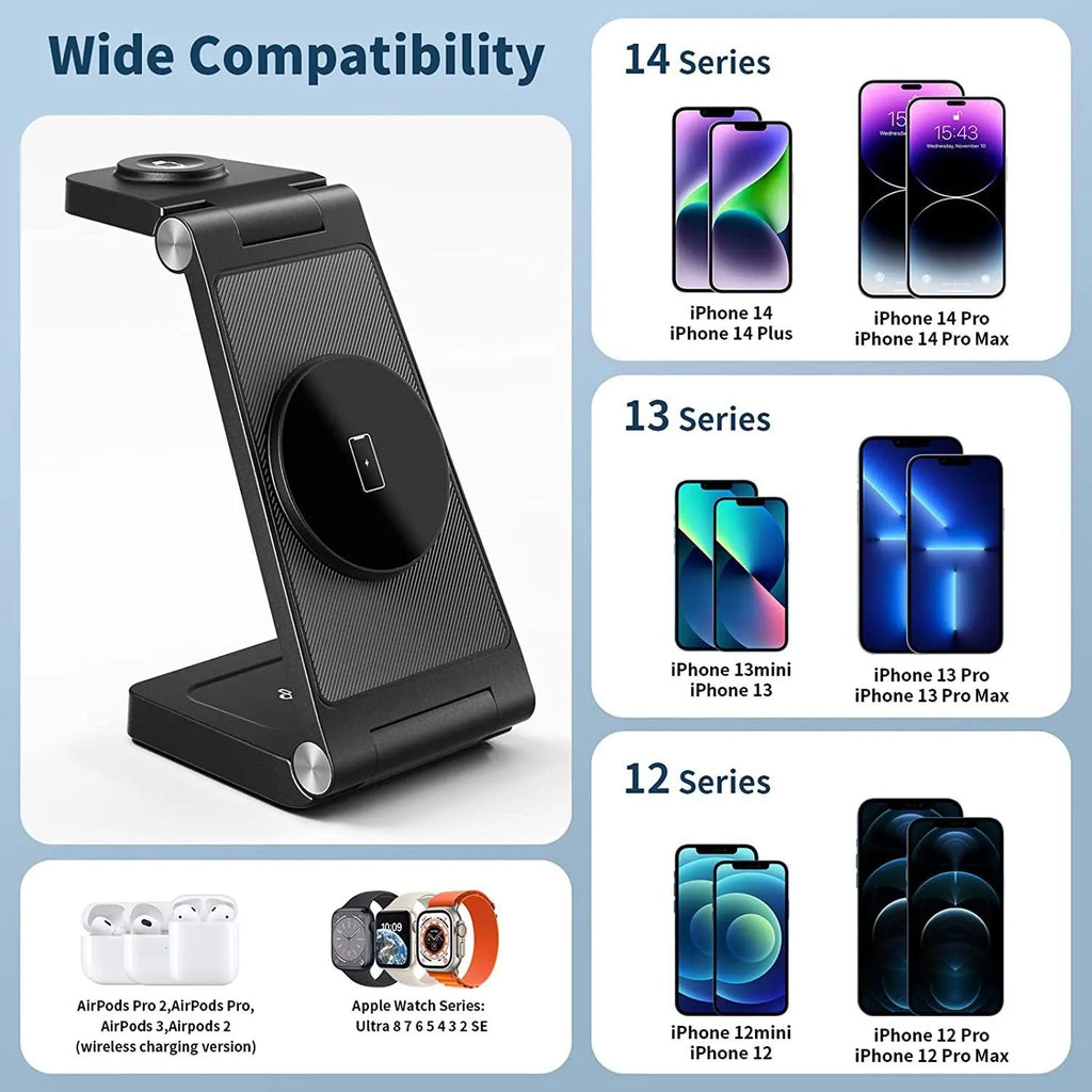 New vertical folding magnetic three-in-one wireless charger in black on a desk charging a smartphone, watch, and earbuds