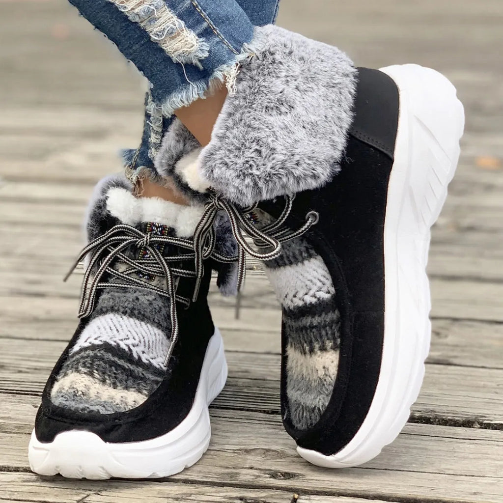 Women's beige lace-up snow boots with suede upper and platform sole