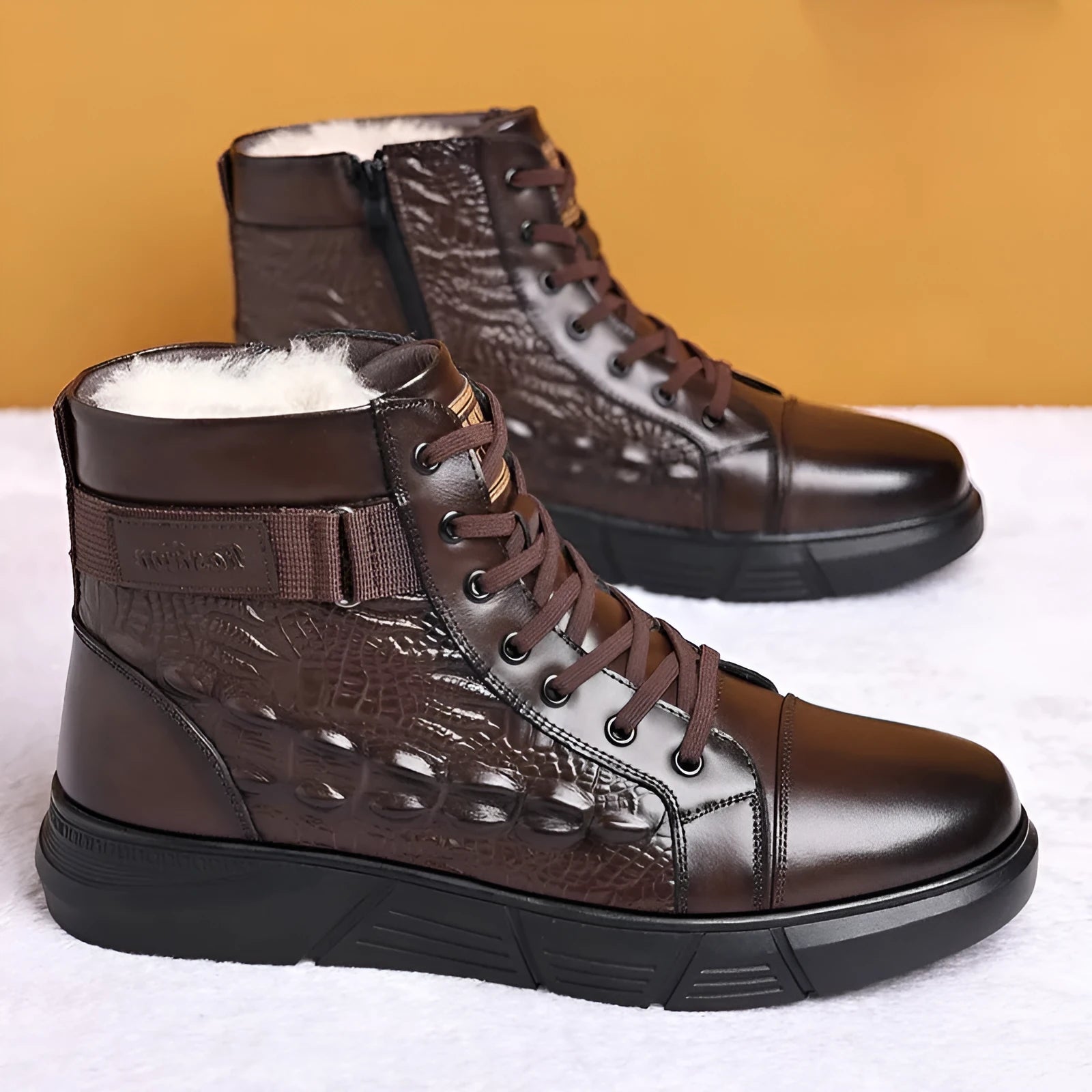 Women's black fur-lined leather snow boots with rubber soles and lace-up front
