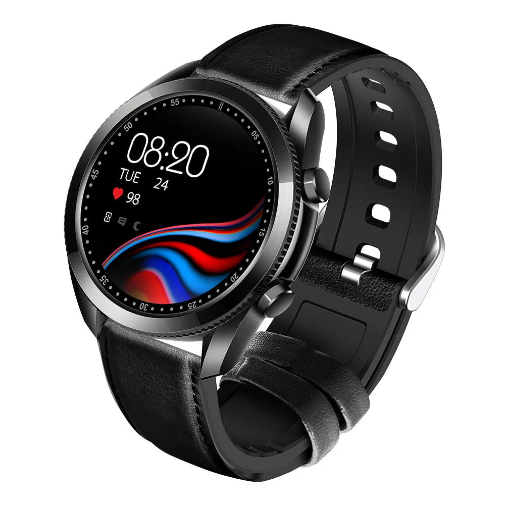 UM90 black smart call watch with leather strap showing heart rate and sports tracking on 1.28-inch screen