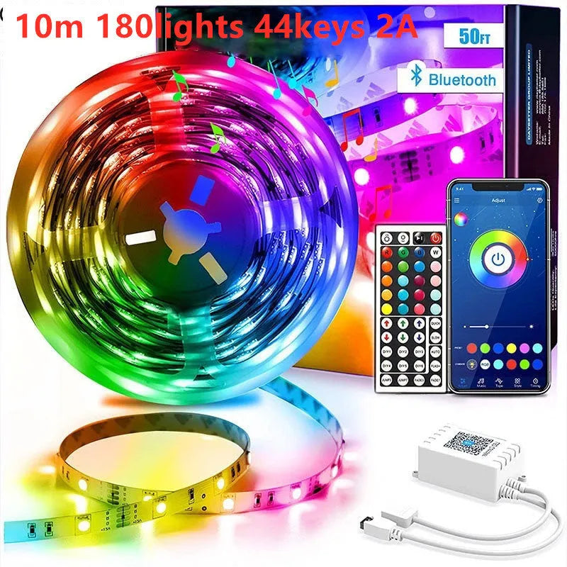 RGB LED strip light with Bluetooth remote control showing colour-changing capabilities