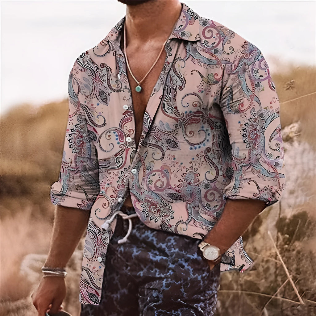 Men's loose fit shirt with 3D floral pattern digital printing in polyester fabric