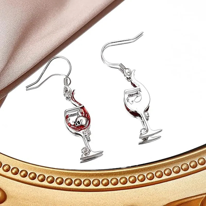 Silver-toned Halloween earrings with geometric skull and wine glass design in electroplated zinc alloy