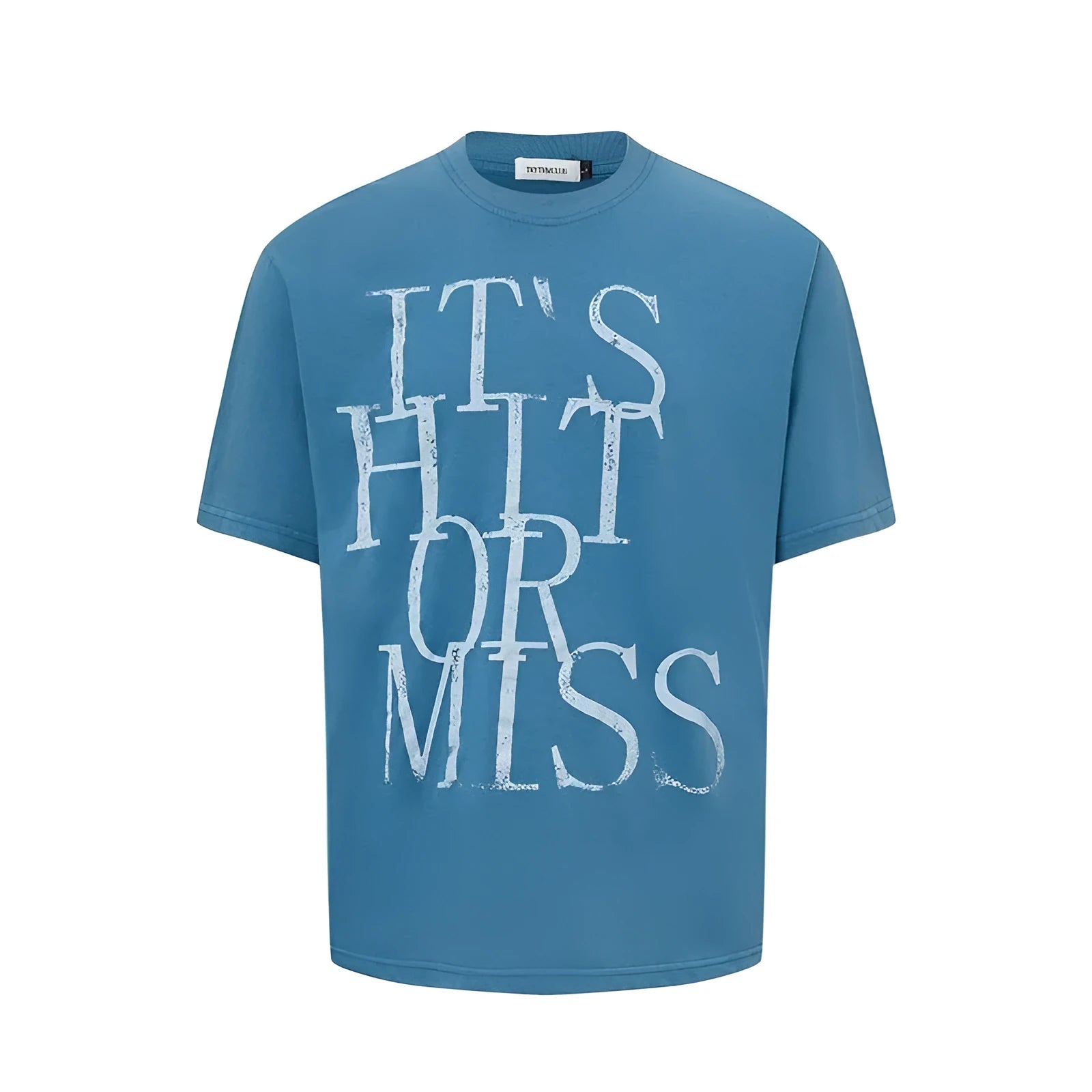 Men's blue American-style letter print loose fit cotton blend T-shirt on a hanger.