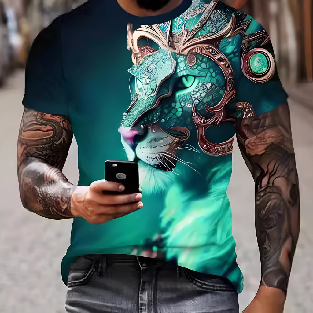 Men's grey T-shirt with a large, fierce 3D lion head print on the chest.