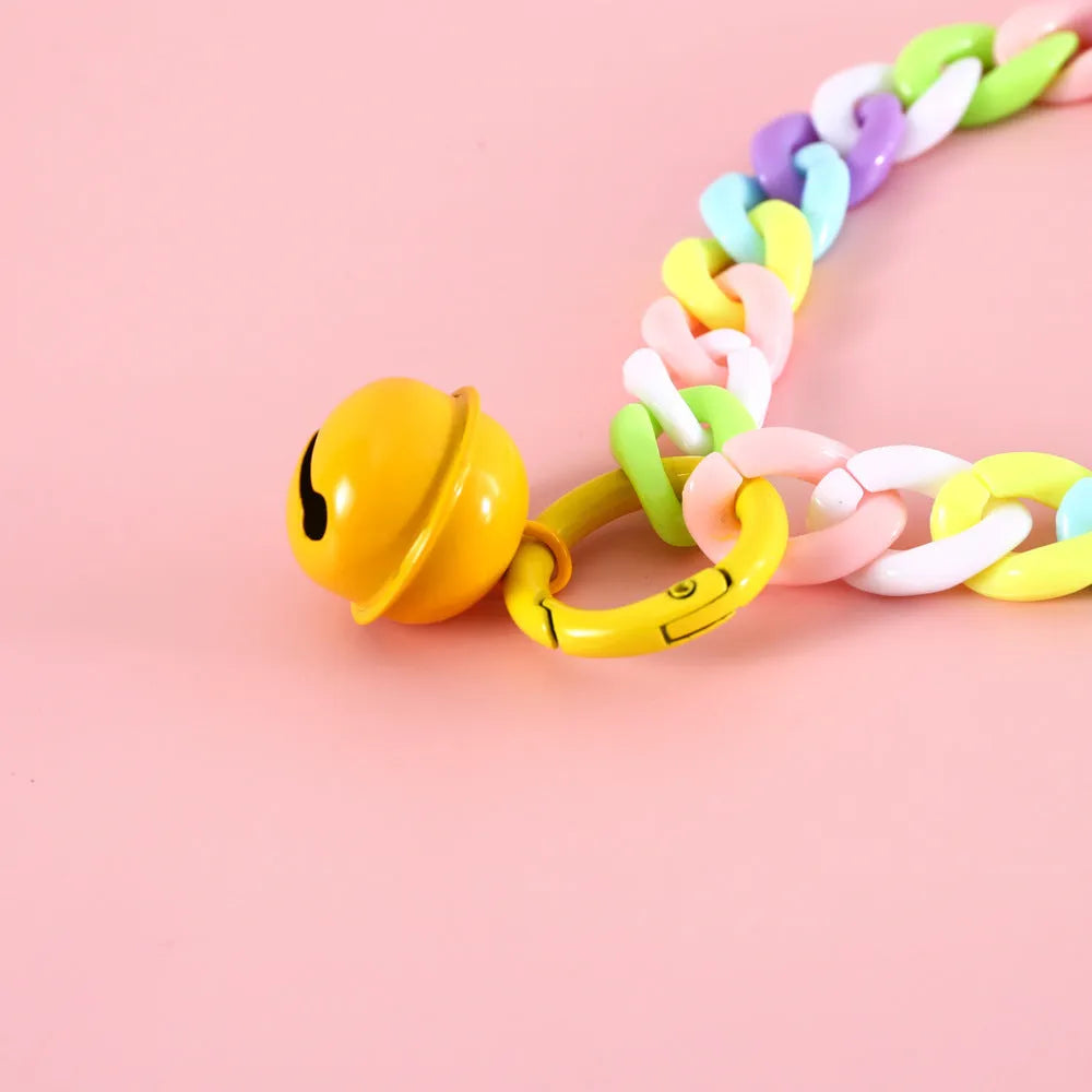Macaron candy colour plastic chain collar for pets in blue, pink, and mixed colours with S and M size tags.