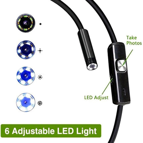 Android USB endoscope with waterproof camera, flexible cable, side mirror, hook, and magnet accessories