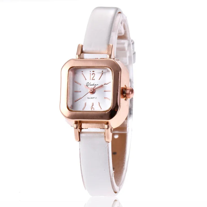 Women's art retro fashion watch with a 10mm alloy case shown in black, white, pink, and brown colour variants.