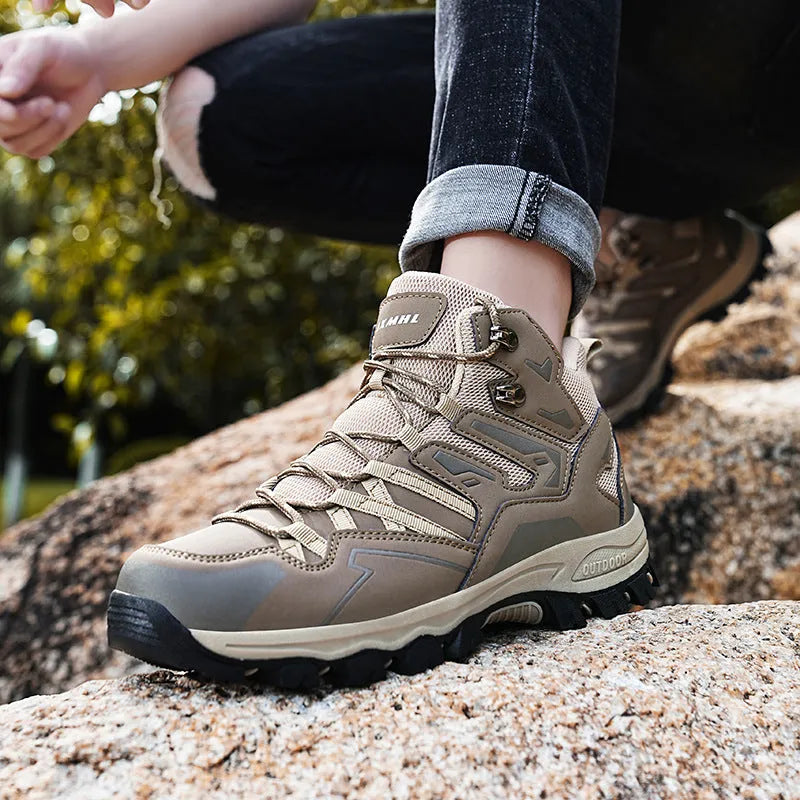 Same high-top hiking sneakers in light brown colour with front lace-up design and natural rubber outsole