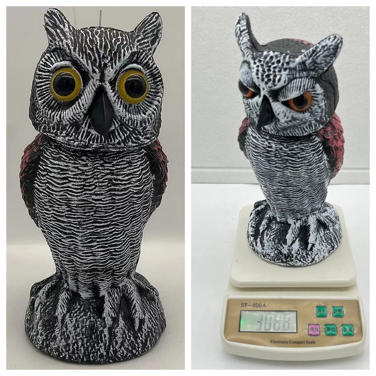 Artificial owl bait ornament with shaking head for garden bird deterrent in outdoor setting