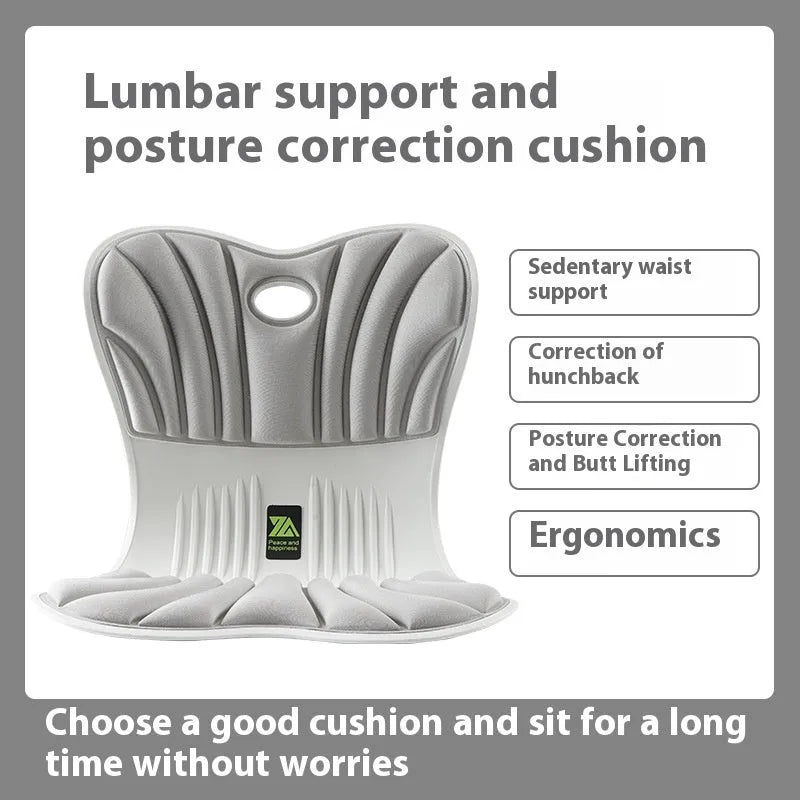 Gray ergonomic office seat cushion with integrated waist support design on wooden chair