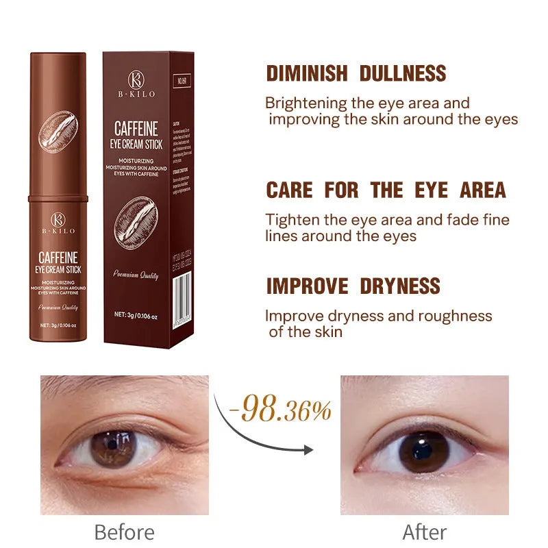 Caffeine eye cream stick in portable applicator for under-eye treatment of fine lines and dark circles