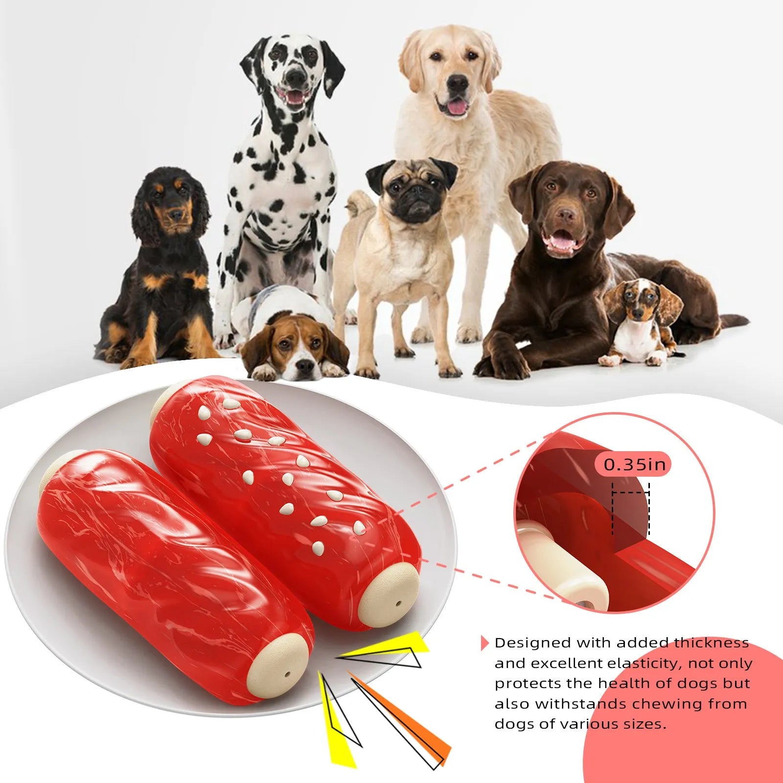 Primary colour plastic dog toy shaped with a molar rod for holding treats