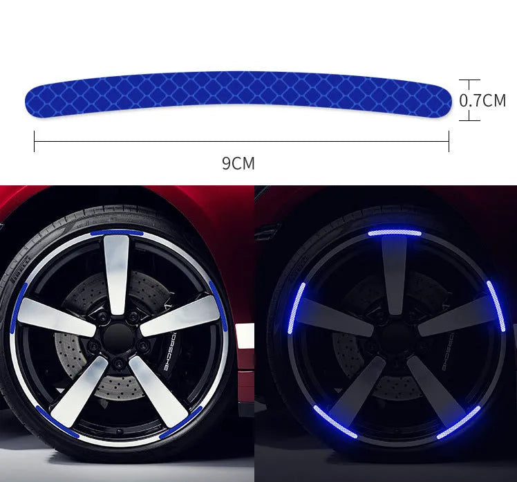 Pack of 20 arc-shaped reflective PVC stickers for car wheel hubs in multiple colours.