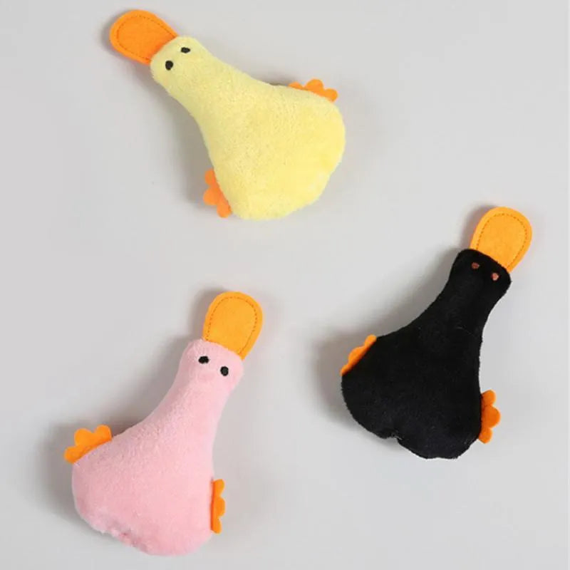 Yellow duck plush pet toy with catnip filling and squeaker for cats and small or large dogs
