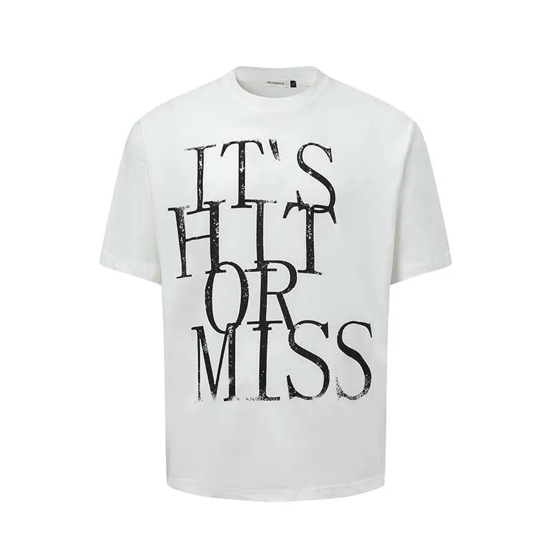 Men's blue American-style letter print loose fit cotton blend T-shirt on a hanger.