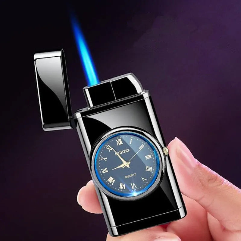 Men's multifunctional metal watch lighter with LED light shown in black brushed finish on wrist.