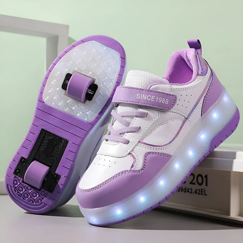 Charging LED roller skates for boys and girls in pink, showing two-wheel and four-wheel style options.