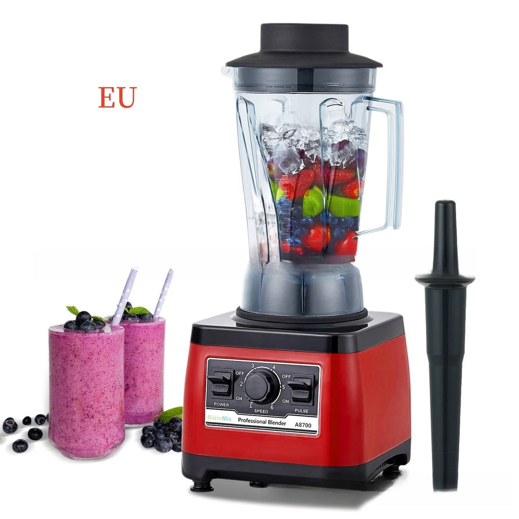 Red commercial blender with 2200W motor and 2-litre capacity for industrial food preparation