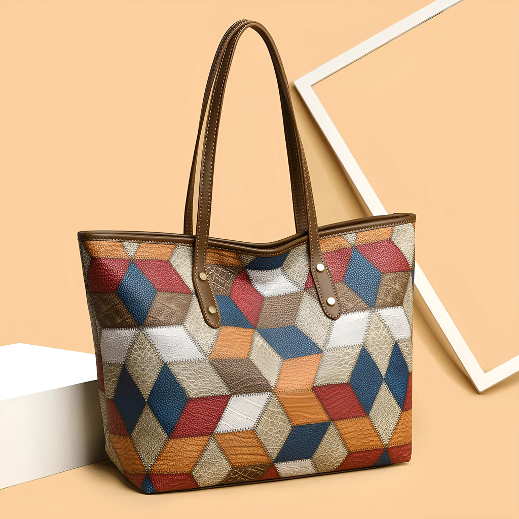 Women's blue brown PVC shoulder handbag with sandwich pocket for business and travel