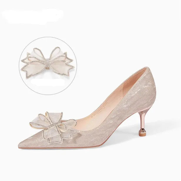 Champagne gold crystal sequin pointed toe stiletto heel wedding shoes with low-cut vamp
