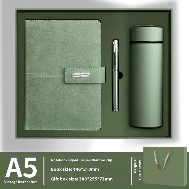 A5 notebook with imitation leather cover in multiple colour options including black, red, green, blue, and orange.