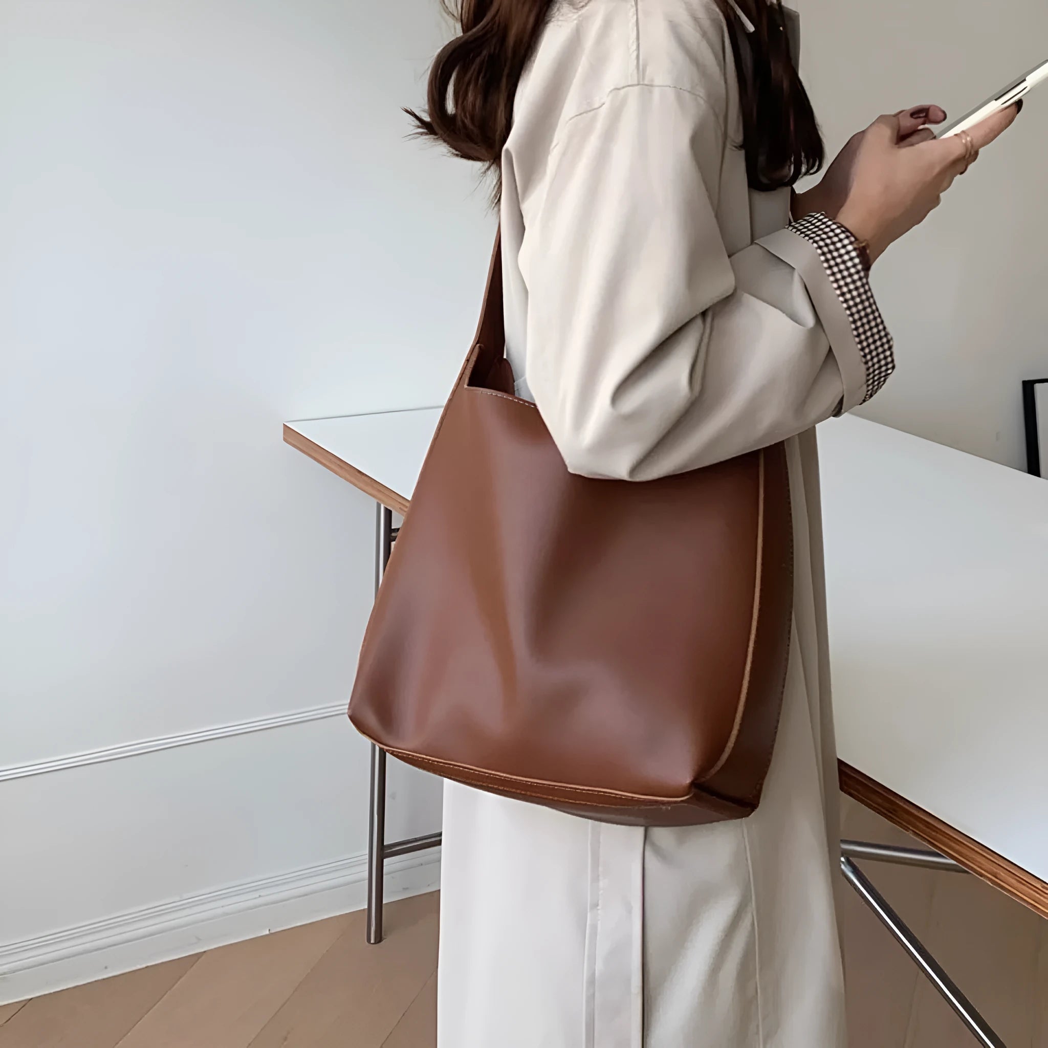 Women's soft PU shoulder bag with swing threads in 28x32x12cm size