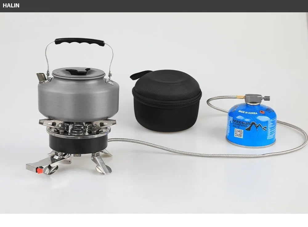Silver portable split camping stove with hose, dimensions 155mm by 125mm.