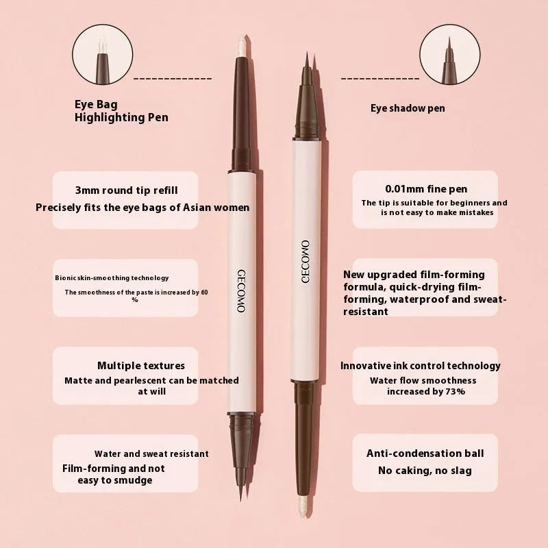 Double headed liquid eyeliner pen with stereoscopic design in pearlescent Floating Platinum and Raw Nude Apricot colours