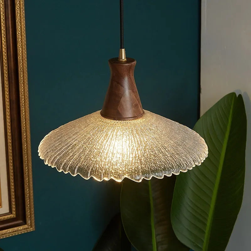 Retro wood and glass ceiling chandelier with brass-colour finish in three sizes.